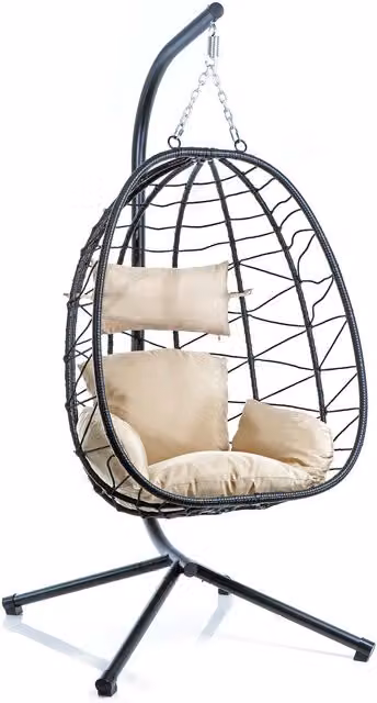 Sillón colgante Wiltec tipo huevo en ratán sintético negro con estructura de metal, cojines incluidos y soporte para interior o exterior