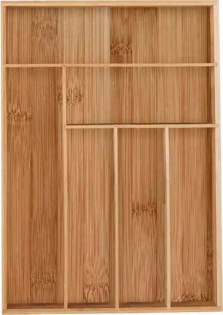 Organizador de cubiertos para cajón Relaxdays de bambú y mdf con compartimentos, color beige y marrón, An/P/Al: 43 x 30,5 x 5 cm