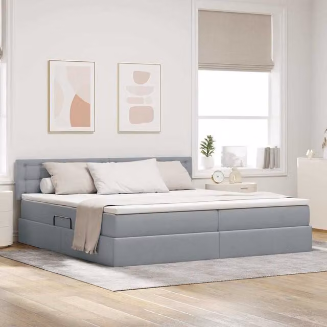 Cama de almacenamiento Maison Exclusive con colchón de muelles, iluminación LED, puerto de carga USB y base abatible, color gris, An/P/Al: 200 x 200 x 204 cm