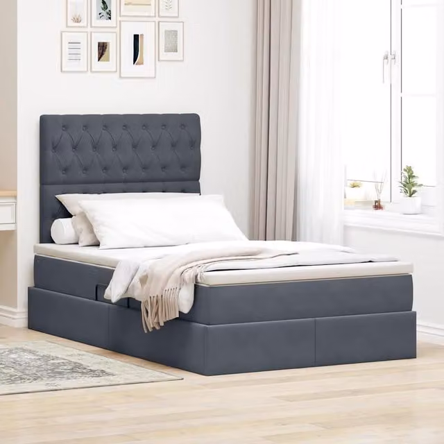 Cama de almacenamiento Maison Exclusive con colchón, iluminación LED y puerto USB, tapizada en gris, An/P/Al: 120 x 200 x 204 cm