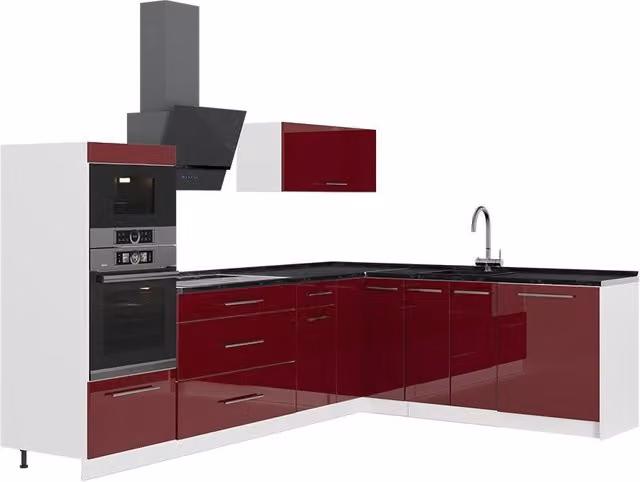 Cocina esquinera Vicco Fame-Line en rojo, blanco y antracita con acabado alto brillo, An/P/Al: 287 x 207 x 60 cm