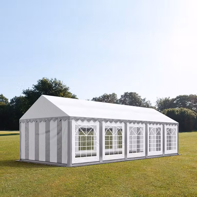 Carpa para fiestas TOOLPORT de PVC y acero galvanizado con ventanas, diseño moderno de tejado a dos aguas, color gris y blanco, An/P/Al: 4 x 10 x 3,1 m
