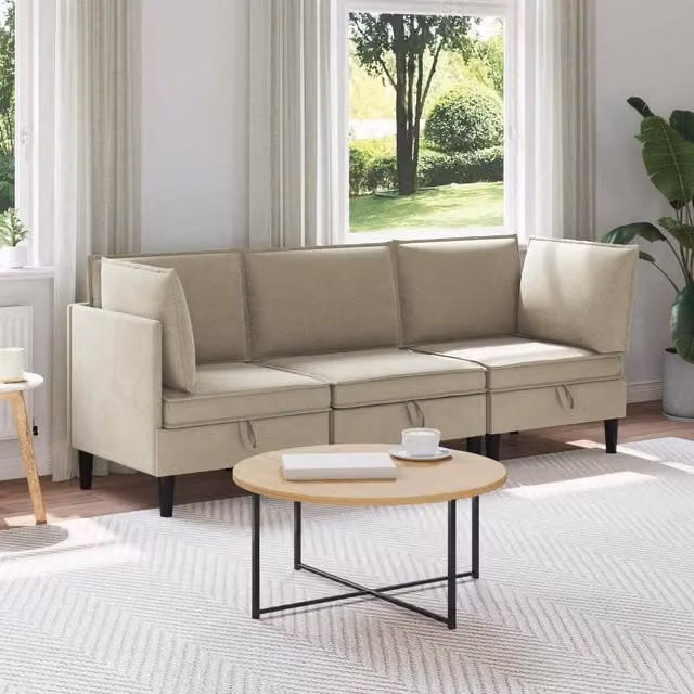 Juego de muebles de salón vidaXL de 3 piezas en forma de L, tapizado en tela color arena, incluye sofá de 3 plazas, sofá de 2 plazas y chaise longue con diseño moderno
