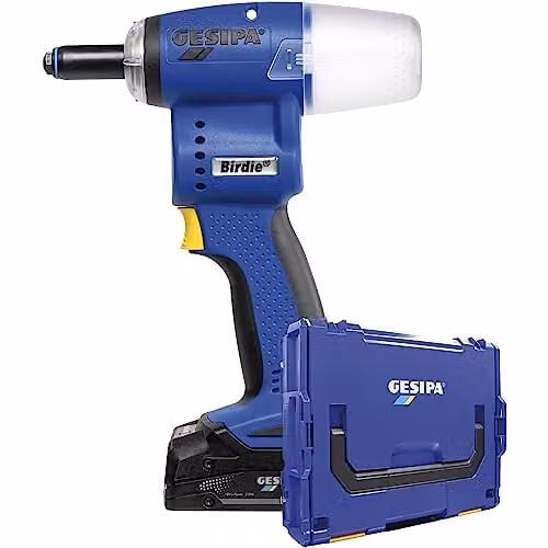 Remachadora ciega a batería Gesipa Birdie de 18 V con batería de 2,0 Ah, cargador y maletín L-Boxx, color azul