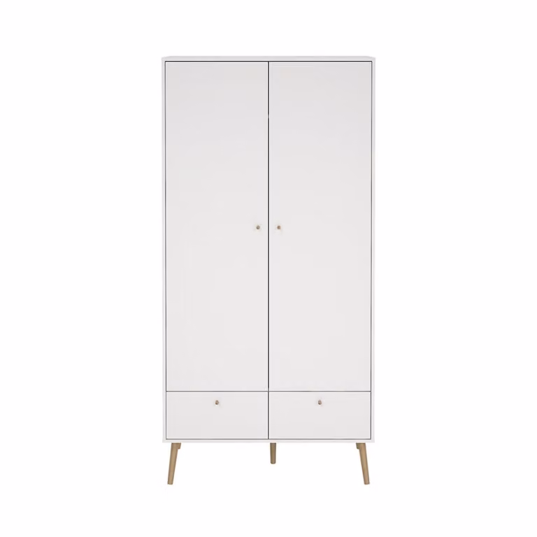 Armario de 2 puertas y 2 cajones ebuy24 en color blanco con patas de madera y acabado mate, Altura: 200,1 cm