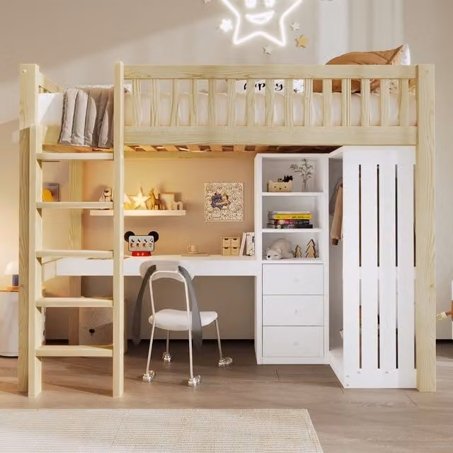 Cama Alta Infantil HAUSS SPOLE de Madera de Pino con Escritorio, Armario y 3 Cajones, An/P/Al: 205 x 90 x 180 cm, Color Blanco y Beige
