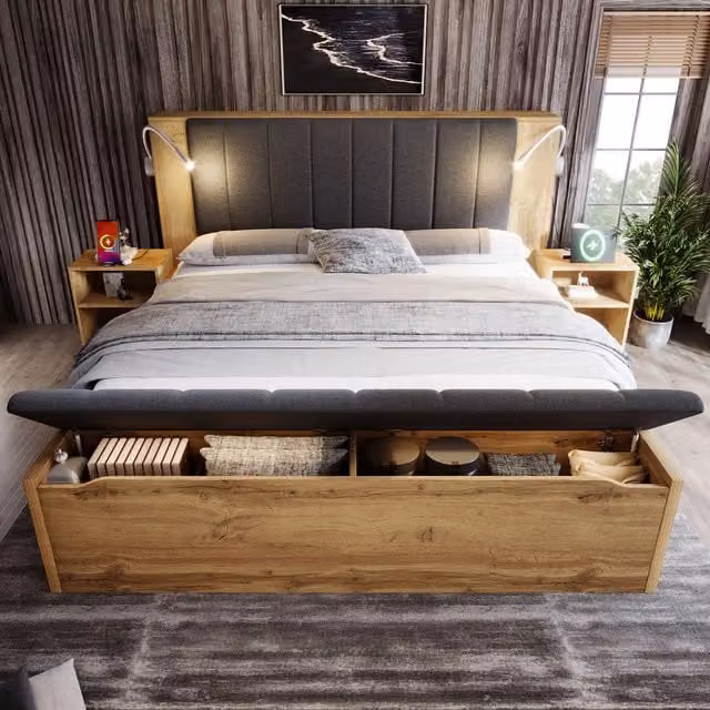 Conjunto de cama doble Mivray con somier abatible, mesitas de noche, banco con almacenaje, luces de lectura integradas y puertos USB en color marrón, 160x200 cm