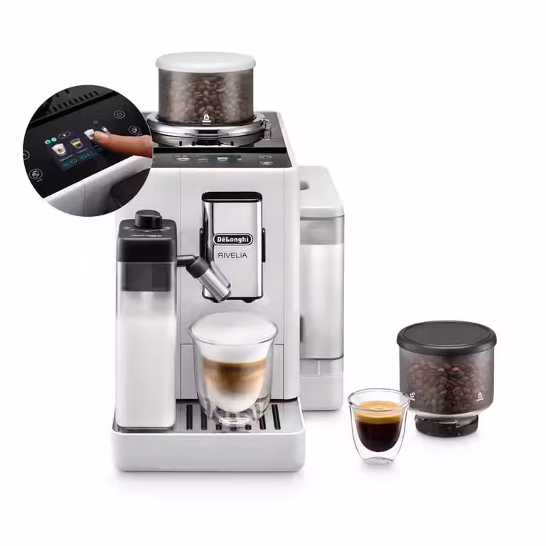Máquina de café automática De'Longhi Rivelia Arctic White con sistema LatteCrema, pantalla táctica a color y 16 bebidas con un solo toque
