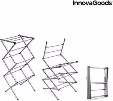 Tendedero metálico plegable y extensible de 3 alturas Innovagoods color plata con 11 barras
