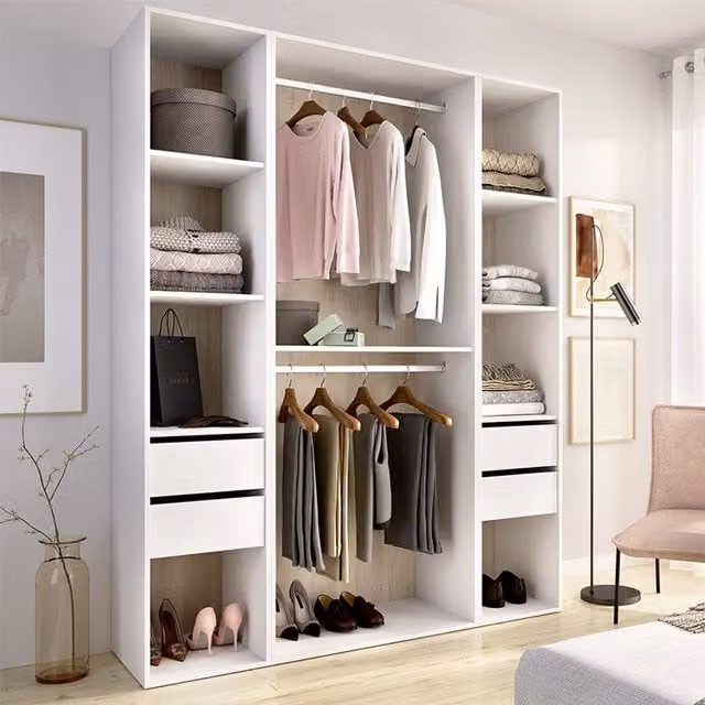 Armario Gardiner DMORA para dormitorio con puertas correderas, estantes y cajones, color blanco, An: 45 cm, Al: 205 cm, P: 45 cm