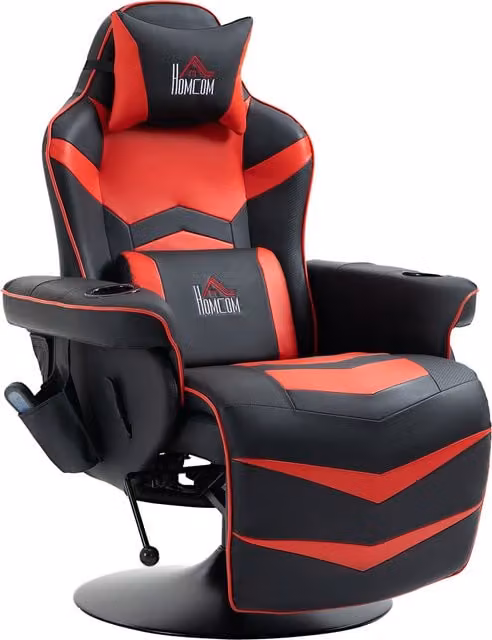 Sillón de masaje HOMCOM con respaldo inclinable y reposapiés, tapizado en piel sintética roja con estructura de acero