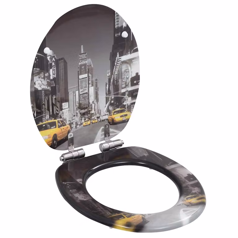Set de 2 asientos de inodoro con tapa de cierre suave vidaXL diseño New York, forma ovalada, color gris y multicolor, material MDF con acabados en madera, zinc y cromo