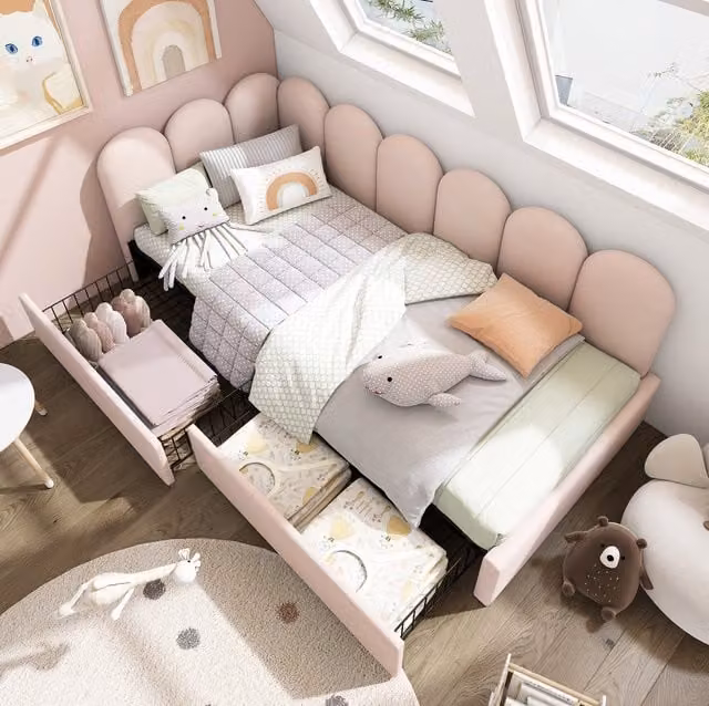 Cama Mivray de Terciopelo Rosa con Cajones y Diseño Moderno An/P/Al: 90 x 190 x 76 cm