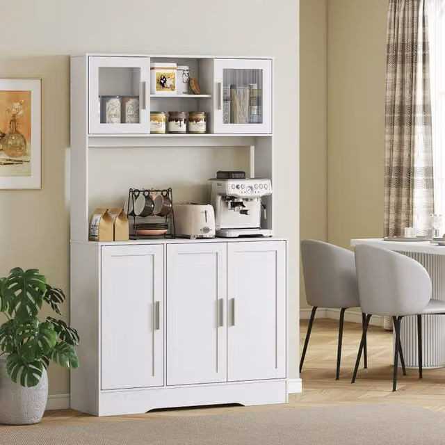 Armario de cocina alto SOLKVUNZA de estilo escandinavo en color blanco y plata con 4 puertas y estantes internos, An/P/Al: 108 x 35 x 180 cm