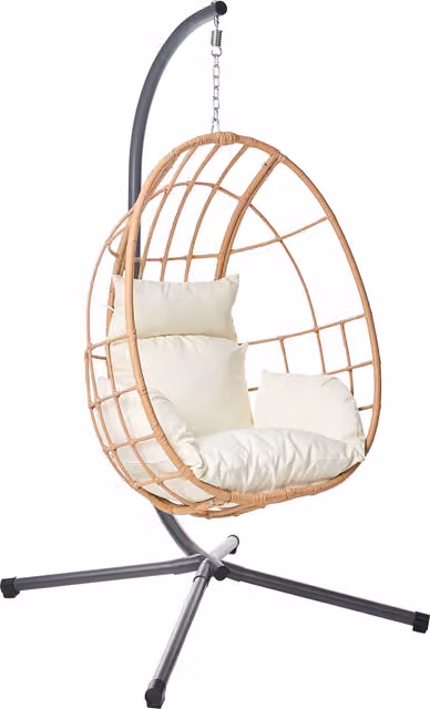 Sillón Colgante Boho de Ratán Sintético BELIANI con Soporte de Metal y Cojines en Beige y Gris para Jardín o Salón An/P/Al: 105 x 102 x 195 cm
