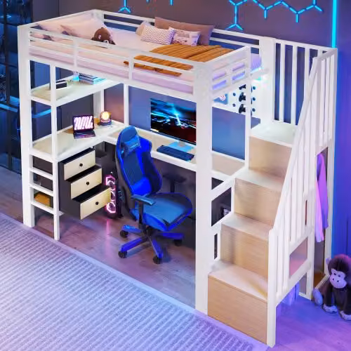Cama altillo WISHDOR de metal y MDF en blanco con escritorio, cajones, puerto de carga USB, luz de lectura integrada y escaleras para adultos, An/P/Al: 200 x 90 x 170 cm