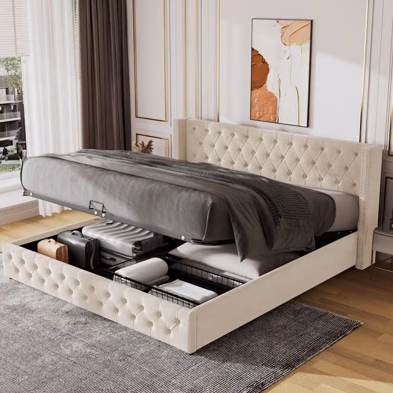 Cama de matrimonio tapizada MODFU con sistema hidráulico y colchón incluido, color beige, An/P: 180 x 200 cm
