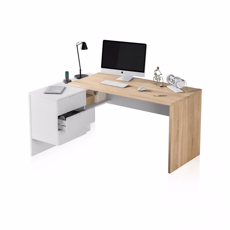 Mesa de escritorio de esquina moderna DUEHOME en blanco mate y roble, An/P/Al: 145 x 73 x 102 cm