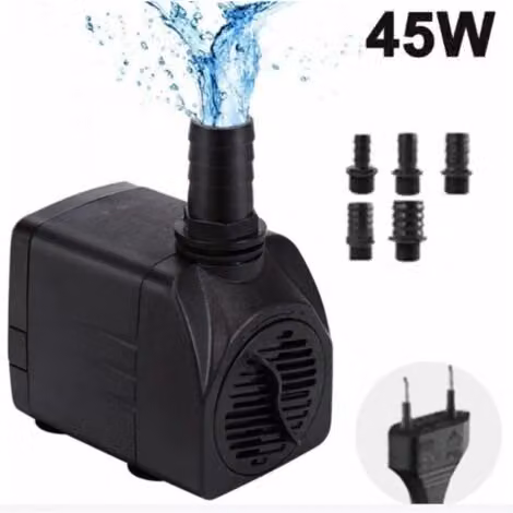Bomba de agua sumergible ajustable de 45 W ULISEM negra con 5 boquillas para estanque, fuente o acuario