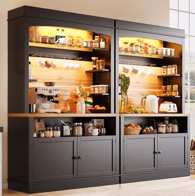 Aparador alto REDOM para cocina o salón en color negro con iluminación integrada y puertas batientes, An/P/Al: 107 x 43 x 184 cm
