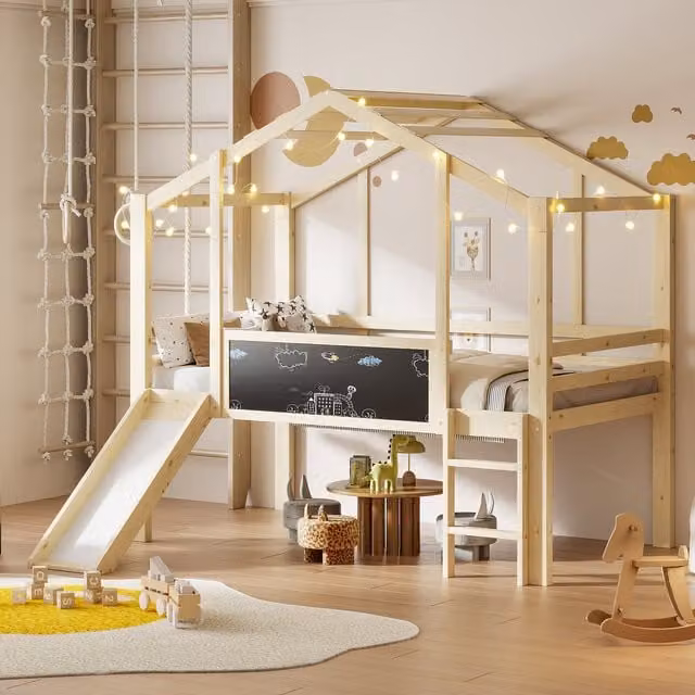 Cama alta infantil MODENVIE de madera maciza con estructura de casita, escalera y An/P/Al: 204 x 90 x 159 cm