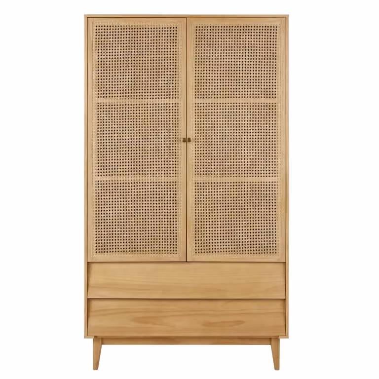 Armario de 2 puertas con cajones integrados de Maisons du Monde en chapa de pino y ratán, colores beige, marrón y dorado, Ancho: 105 cm