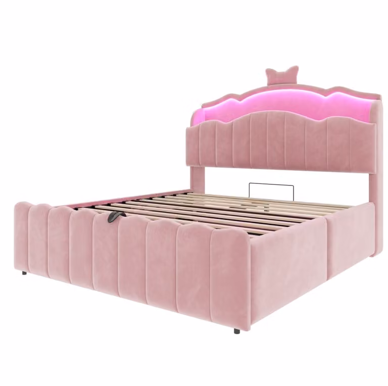Cama arcón MODFU para niños de 140 x 200 cm con almacenamiento hidráulico, cabecero con luz LED y puerto USB, tapizada en terciopelo y metal, color rosa