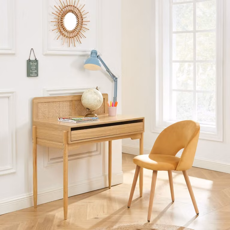 Escritorio Baita de roble con efecto ratán para niños en estilo boho, An: 90 cm