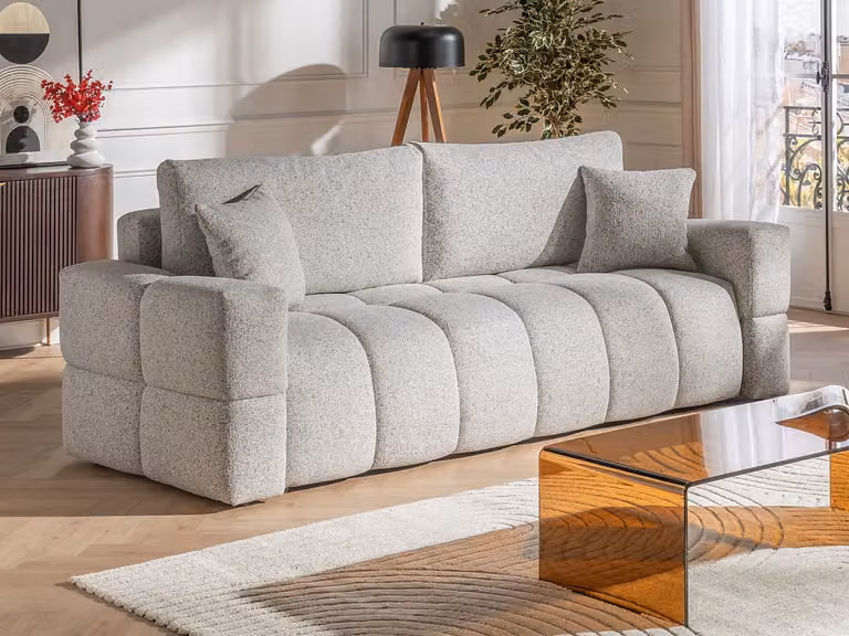 Sofá cama de 3 plazas ISSORO en tejido gris con estructura de madera sólida y fundas extraíbles