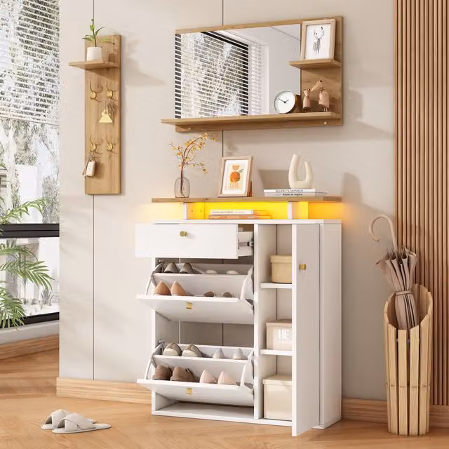 Conjunto de Recibidor Kellany de 3 Piezas con Espejo, Perchero con Iluminación LED y Zapatero en Blanco, An/P/Al: 105 x 25 x 151,5 cm