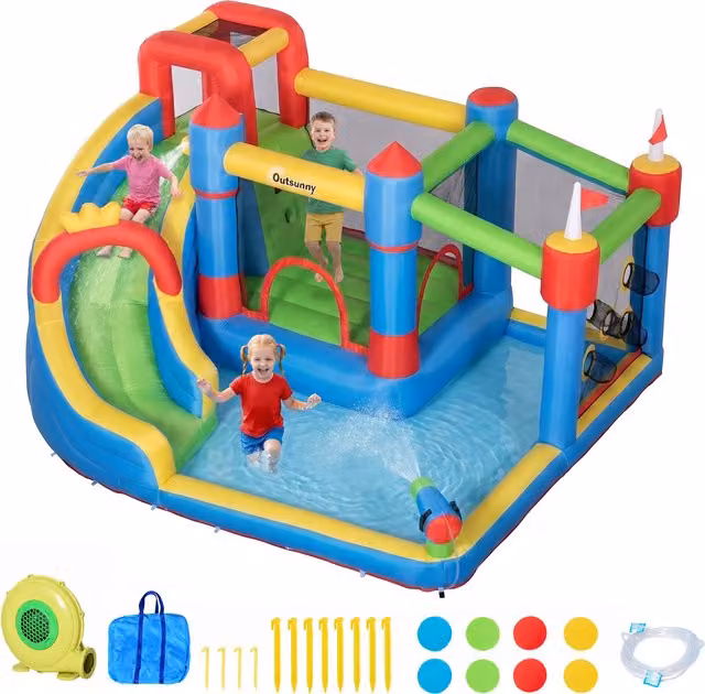Castillo hinchable infantil Outsunny con tobogán, cama elástica y piscina, multicolor, An/P/Al: 390 x 300 x 197 cm