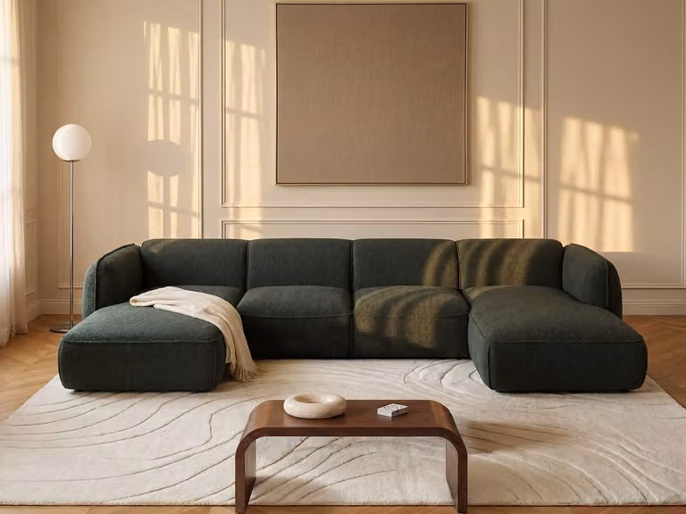 Diván fijo con reposabrazos Camilio de Maison Céphy en chenilla verde, An/P/Al: 165 x 120 x 74 cm