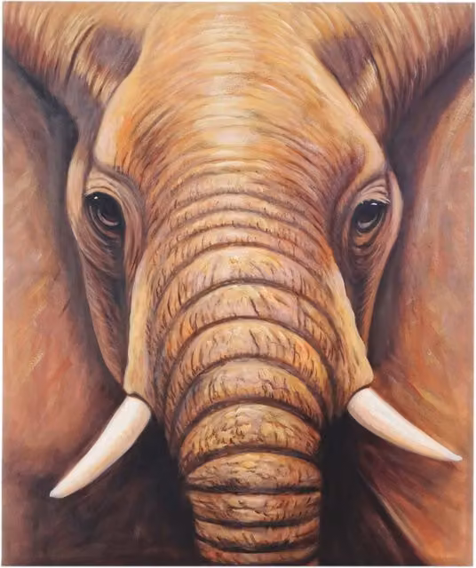 Cuadro Elefante Primer Plano de DÉCOSHOP26, Pintura al Óleo sobre Lienzo con Marco de Madera Natural, Color Marrón, An: 120 cm, Al: 100 cm