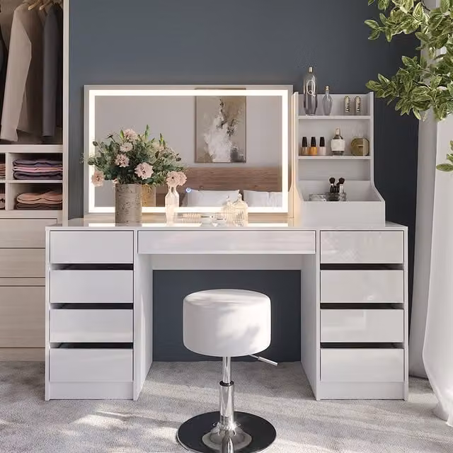 Tocador Sherry Vicco Blanco Alto Brillo con Espejo LED y Taburete An: 158.2 cm