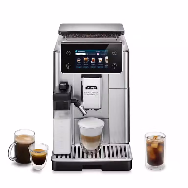 Cafetera automática De'Longhi PrimaDonna Aromatic ECAM630.55.SM en color plata y acabado metálico de acero inoxidable para encimera