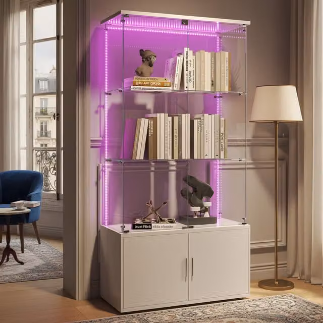 Vitrina de cristal NAHILIMI con dos puertas de vidrio templado, iluminación LED integrada y cerradura, acabado blanco brillante, estilo escandinavo, An/P/Al: 35 x 35 x 164 cm