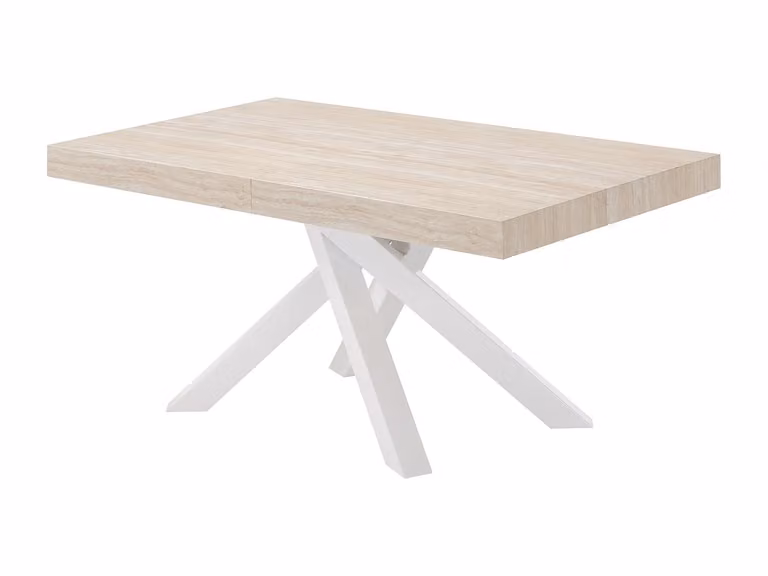 Mesa de comedor extensible CATONAV de estilo moderno en MDF y metal con efecto travertino, colores beige y blanco, An/P/Al: 100 x 90 x 75 cm