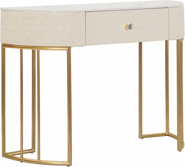 Mesa consola Sharon Glamour en madera y metal con acabado en ecopiel acolchada blanca, beige y dorada, An/P/Al: 100 x 40 x 75 cm