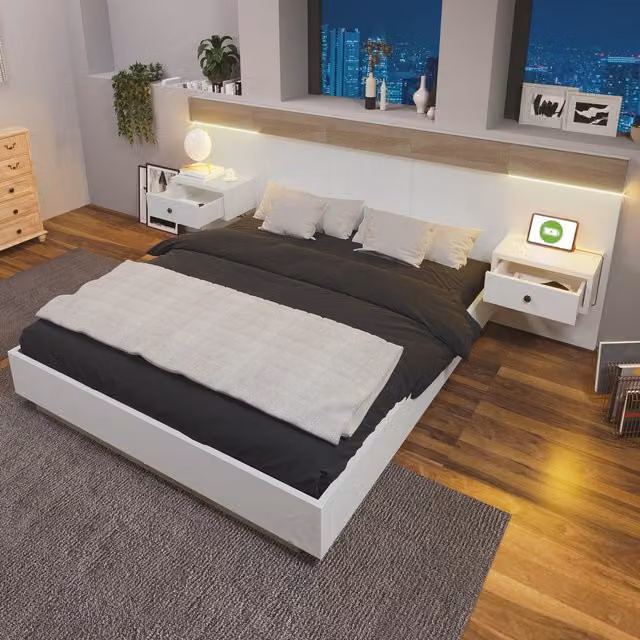 Juego de dormitorio completo Kellany con cama doble de madera y 2 mesitas de noche LED con toma USB-C, color roble y blanco, An/P/Al: 284 x 205 x 90,5 cm