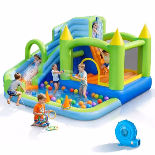 Castillo Hinchable VEVOR Multicolour con Tobogán Acuático, Piscina de Chapoteo y Aro de Baloncesto, An/P/Al: 344 x 374 x 213 cm