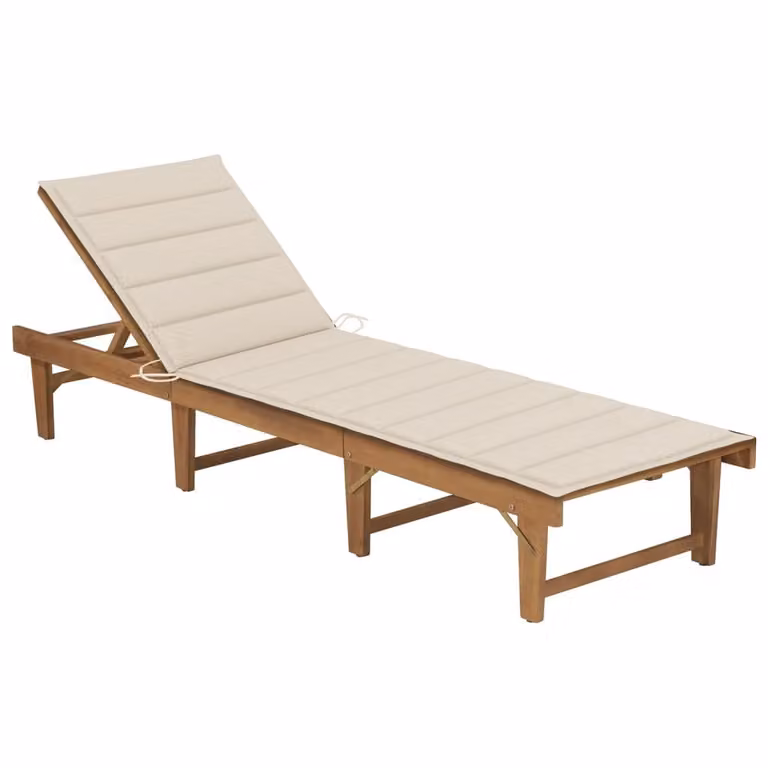 Tumbona plegable Syfax de madera de acacia con cojín beige resistente a la intemperie y reposacabezas ajustable