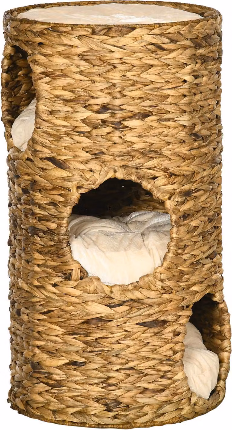 Árbol para gatos Northio de estilo boho con 3 niveles, cueva y cojines, acabado en color marrón claro, hecho de ratán, metal y plástico, Altura: 73 cm