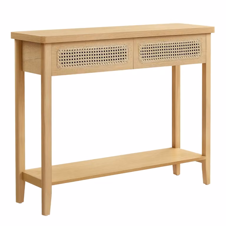 Mesa de consola VASAGLE con 2 cajones y estante abierto, diseño boho en color beige y amarillo, An/P/Al: 100 x 30 x 80 cm