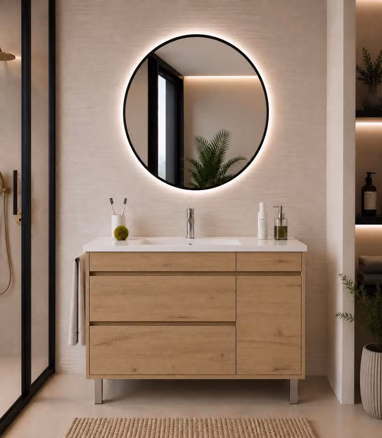 Mueble de baño con lavabo ORIGEN BATH modelo Estepa en blanco y marrón con puertas y cajones de cierre suave y acabado mate An/P/Al: 60 x 45 x 82 cm