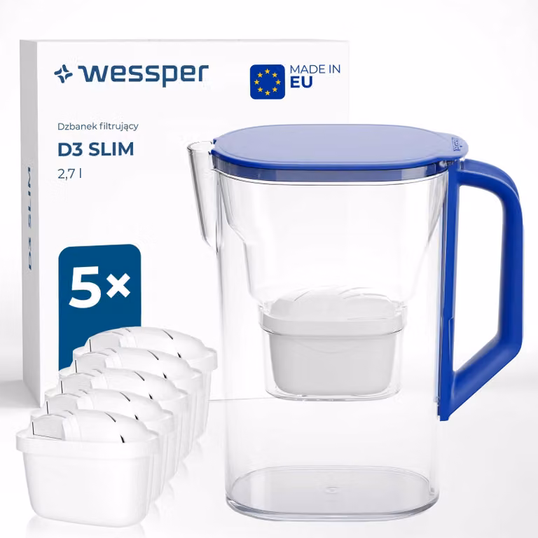 Jarra filtrante para nevera Wessper de 2,7 l con juego de 6 filtros, color azul