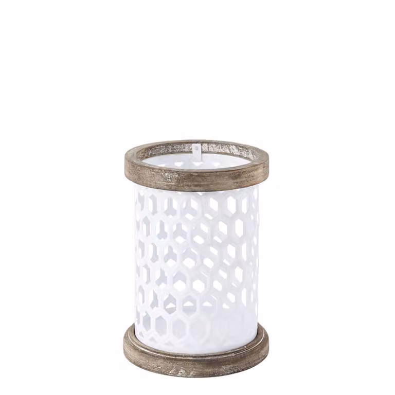 Portavelas decorativo moderno Sia Deco de metal y madera en color marrón y blanco para velas de pilar, redondo, An/P/Al: 14 x 14 x 20 cm