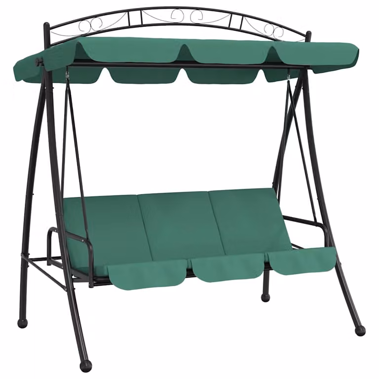 vidaXL Banco columpio de jardín convertible en cama con dosel y cojines, acero verde, An/P/Al: 198 x 110 x 203 cm