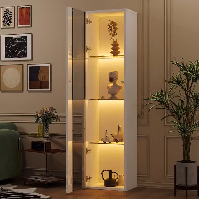 Vitrina moderna MODENVIE blanca con puertas de cristal, 4 niveles y luz LED multicolor para salón o despacho, An/P/Al: 40 x 29 x 170 cm