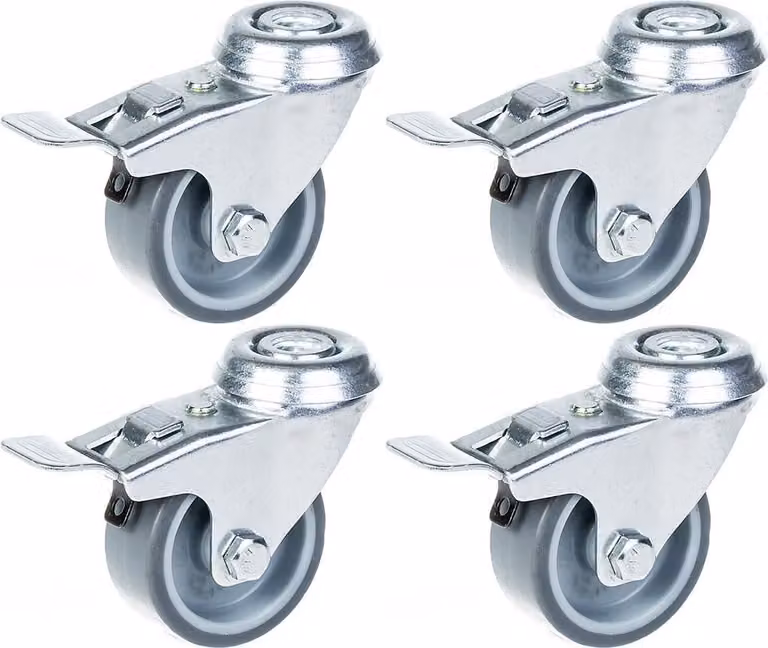 Pack de 4 ruedas giratorias ZHONGSHAN con neumático de goma gris y base de plástico, diámetro de 50 mm, con sistema de tornillo