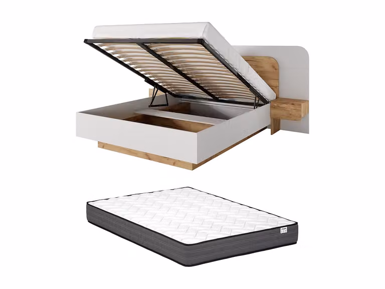 Conjunto de cama DESADO con cajones, mesitas de noche, iluminación LED y colchón de muelles en color blanco y birch, An/P/Al: 160 x 200 x 216 cm